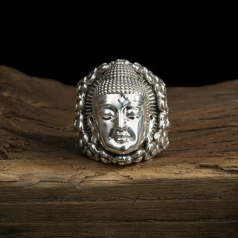 zensoullab Ethnic Style Thai Silver Amitabha Buddha Ring Vintage Great Sun Tathagata Buddha Head Personality Ring