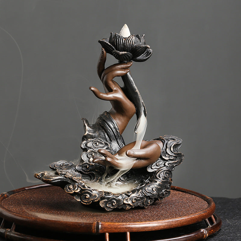 Resin Backflow Incense Burner Ornament Creative Lotus Zen Buddha Hand Backflow Incense Home Craft Decoration