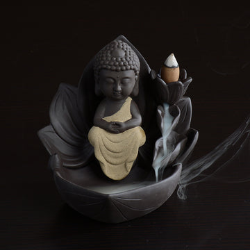 zensoullab Gift Ceramic Little Monk Retro Backflow Incense Burner Home Aromatherapy Burner Feng Shui Ornament Creative Guanyin Buddha Statue