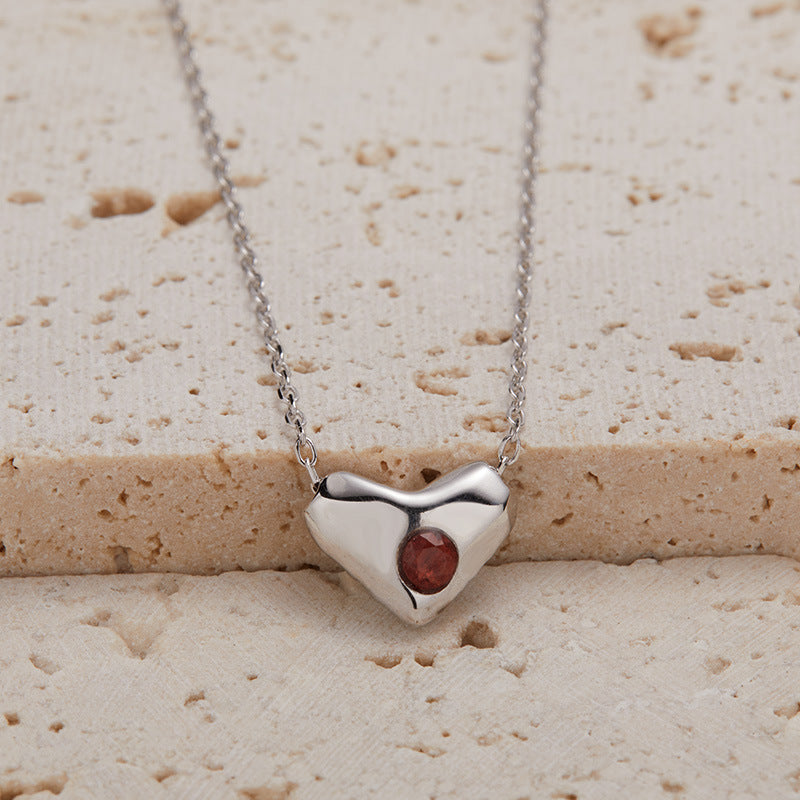 zensoullab S925 Sterling Silver Natural Garnet Gemstone Heart Necklace for Women, Niche Design, Simple and Unique Collarbone Chain Set