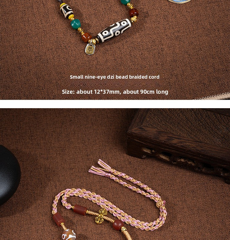 zensoullab Natural Tibetan Style Yellow Nine-Eyed Dzi Bead Necklace Multi-Totem Agate Pendant Couple Style Woven Necklace In Stock