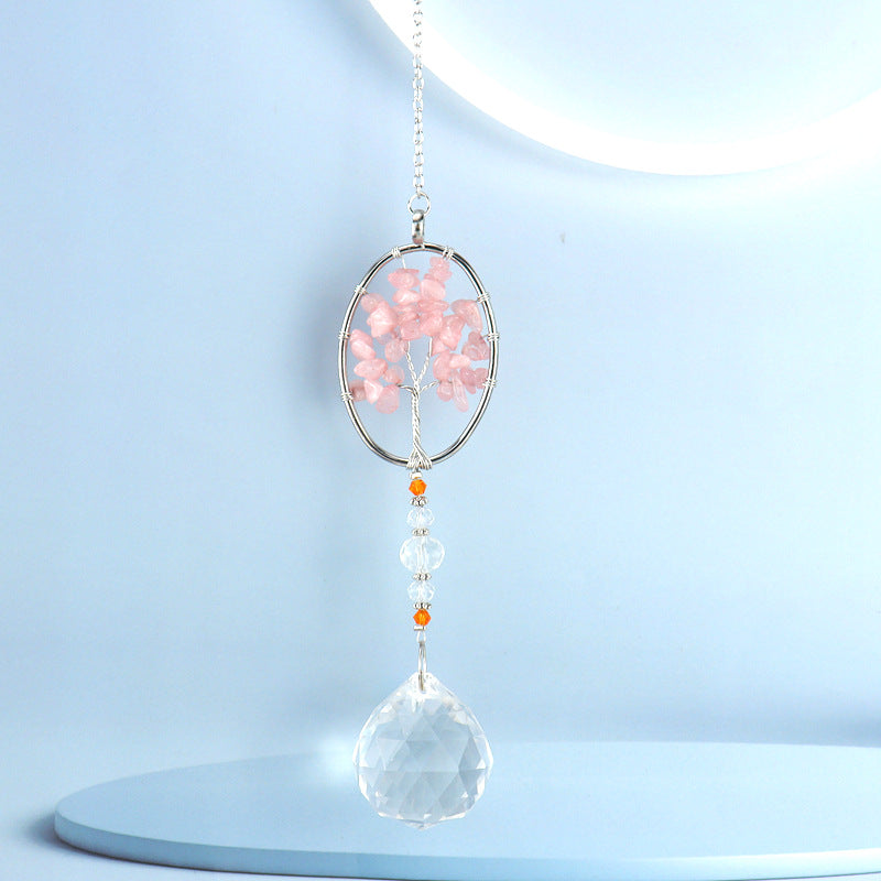 zensoullab Rose Quartz Crushed Stone Tree of Life Crystal Pendant Hanging Ornament Indoor Curtain Decoration Hanging Accessories
