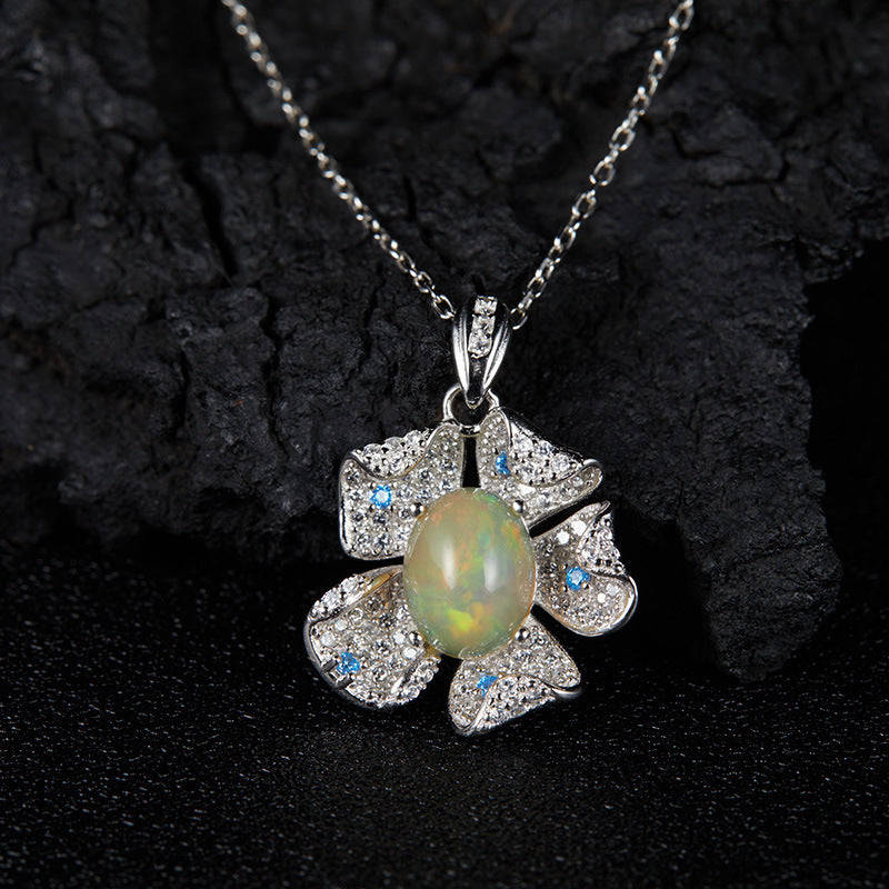 zensoullab Popular Flower Pendant S925 Sterling Silver Inlaid with Natural Opal Gemstone Necklace for Women