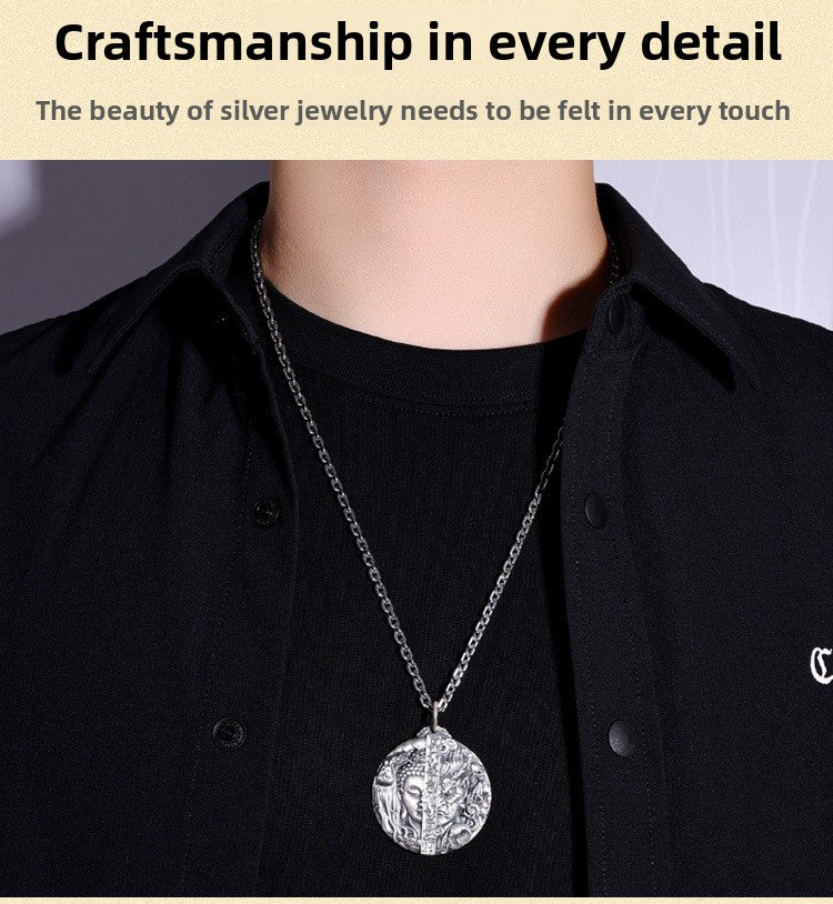 zensoullab Thai Silver Vintage Buddha and Demon One Thought Pendant Men's Solid Vintage Round Large Buddha Pendant Chinese Style Necklace