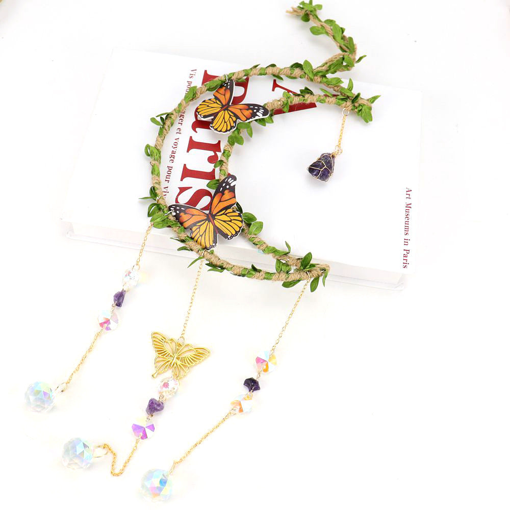 zensoullab Sun Catcher Hemp Rope Wrapped Leaf Butterfly Large 16cm Moon Gravel Crystal Ball Decoration Pendant