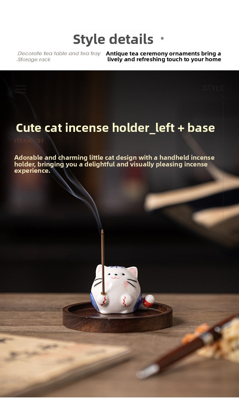 zensoullab Creative Ceramic Cute Little Cat Incense Holder Base Incense Tray Tea Room Tea Table Small Incense Burner Ornament Incense Burner