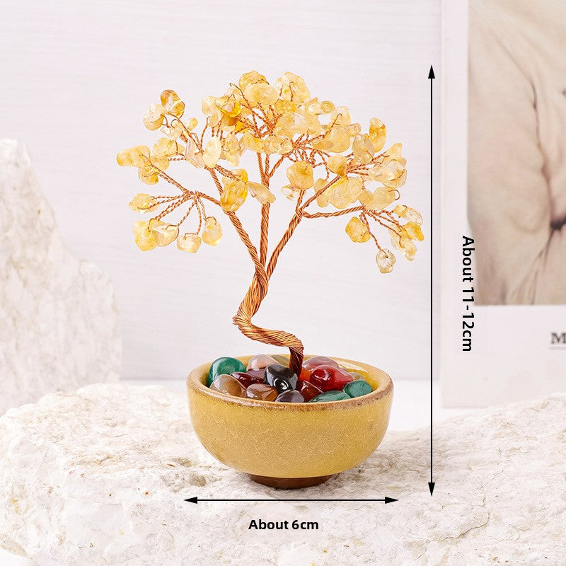 zensoullab Natural Yellow Crystal Wealth Tree Tea Cup Base Treasure Bowl Crystal Tree Crystal Money Tree Desktop Wealth-Attracting Ornament