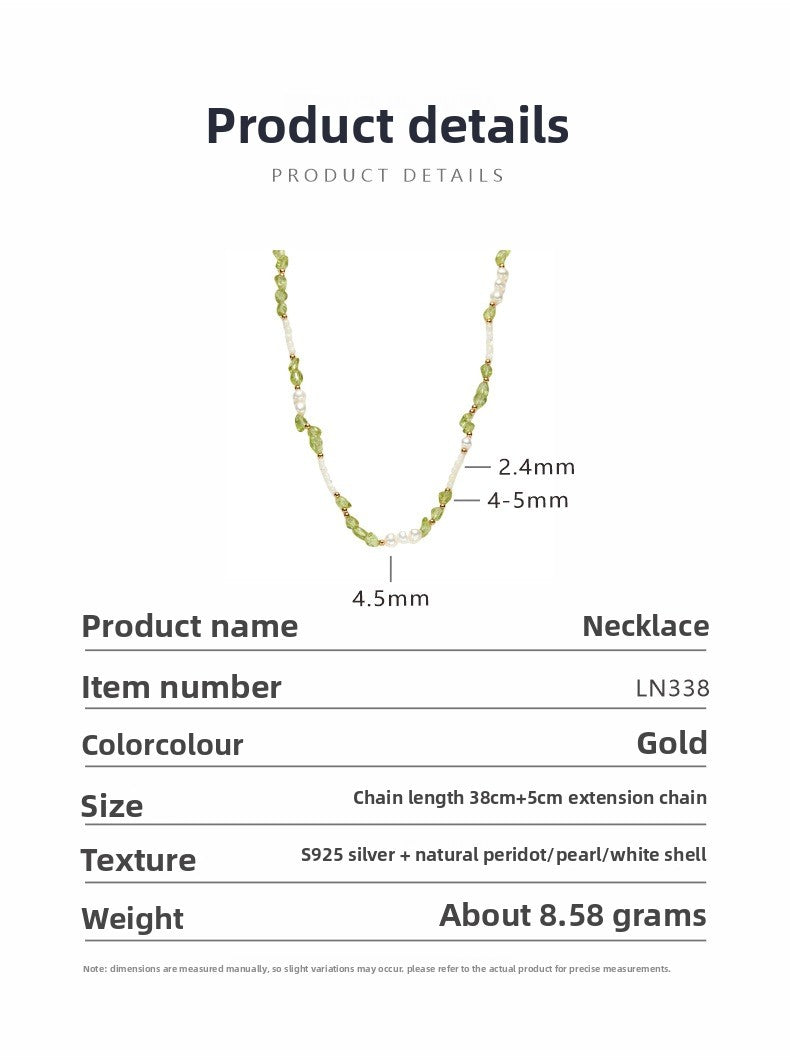 zensoullab S925 Sterling Silver Natural Peridot Pearl White Shell Gemstone Necklace for Women, Niche Sweet High-end Beaded Collarbone Chain