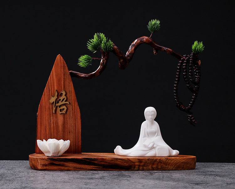 zensoullab Chinese Zen Style Formless Buddha Welcoming Guest Pine Root Carving Set Living Room Wine Cabinet Entrance Ceramic Li Bai Tea Table Home Decor
