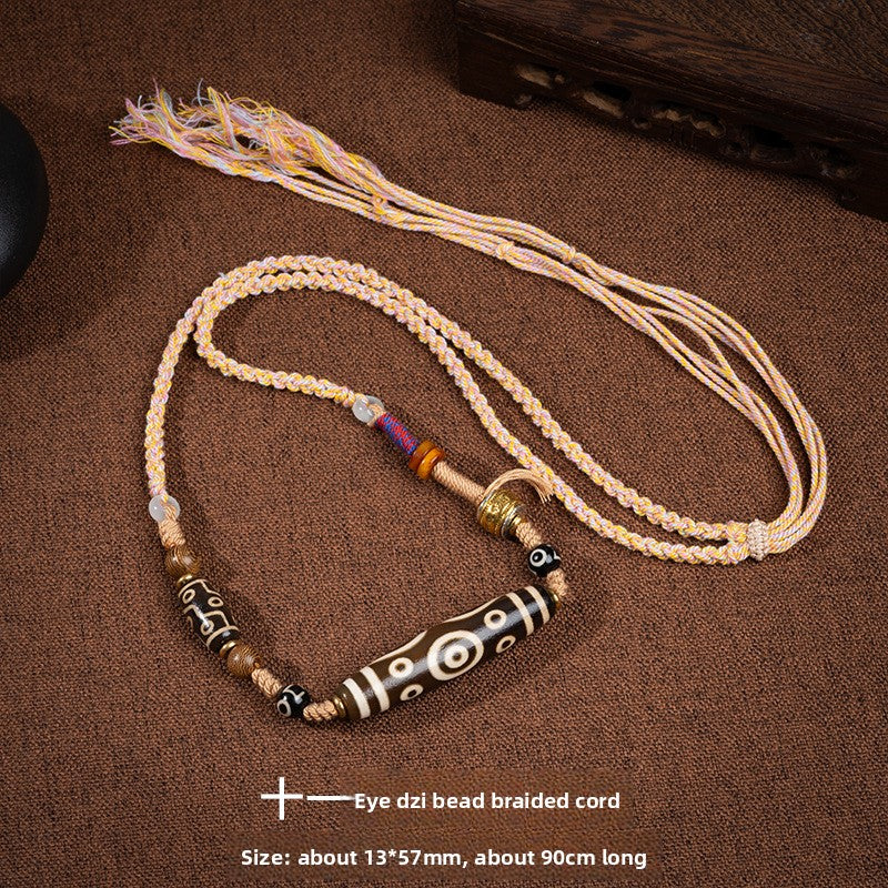 zensoullab Natural Tibetan Style Yellow Nine-Eyed Dzi Bead Necklace Multi-Totem Agate Pendant Couple Style Woven Necklace In Stock