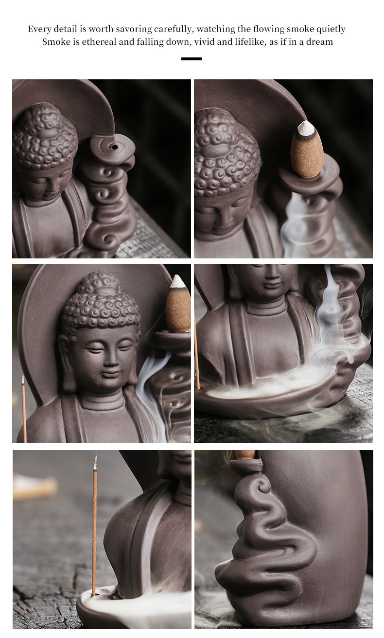 zensoullab Purple Clay Buddha Backflow Incense Burner Creative Lotus Leaf Buddha Backflow Sandalwood Incense Burner Craft