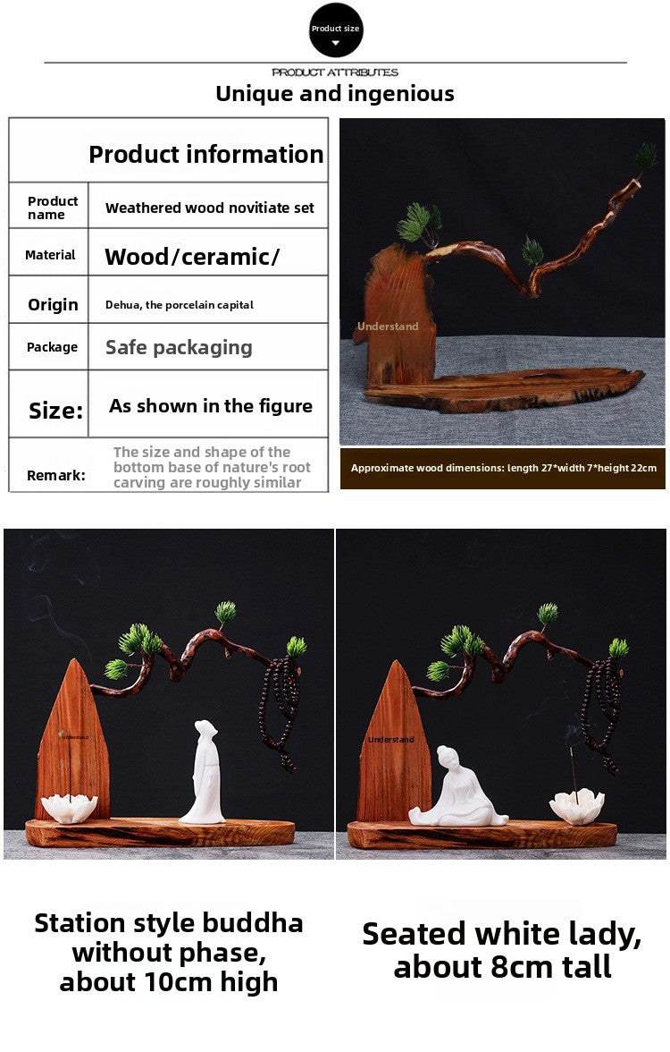 zensoullab Chinese Zen Style Formless Buddha Welcoming Guest Pine Root Carving Set Living Room Wine Cabinet Entrance Ceramic Li Bai Tea Table Home Decor