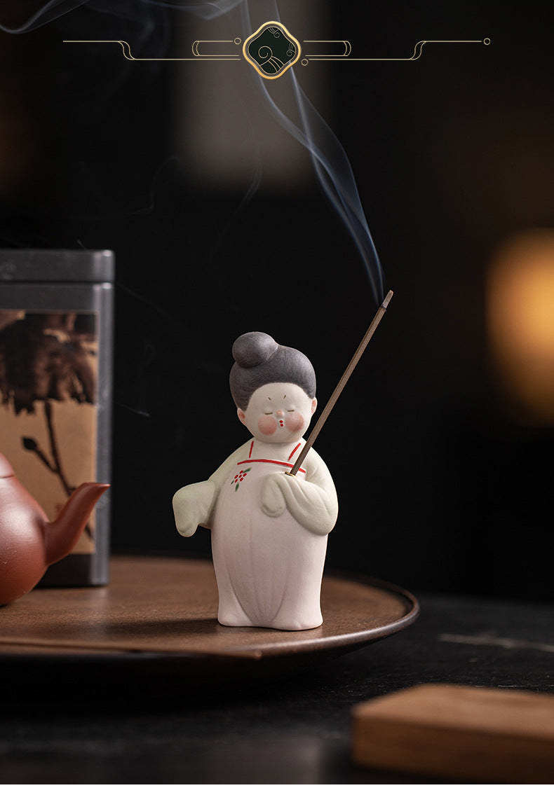 zensoullab Ancient Style Tang Dynasty Female Figure Ceramic Incense Burner Zen Incense Holder Incense Stand Chinese Tea Table Incense Ceremony Incense Burner Incense Burner Ornament