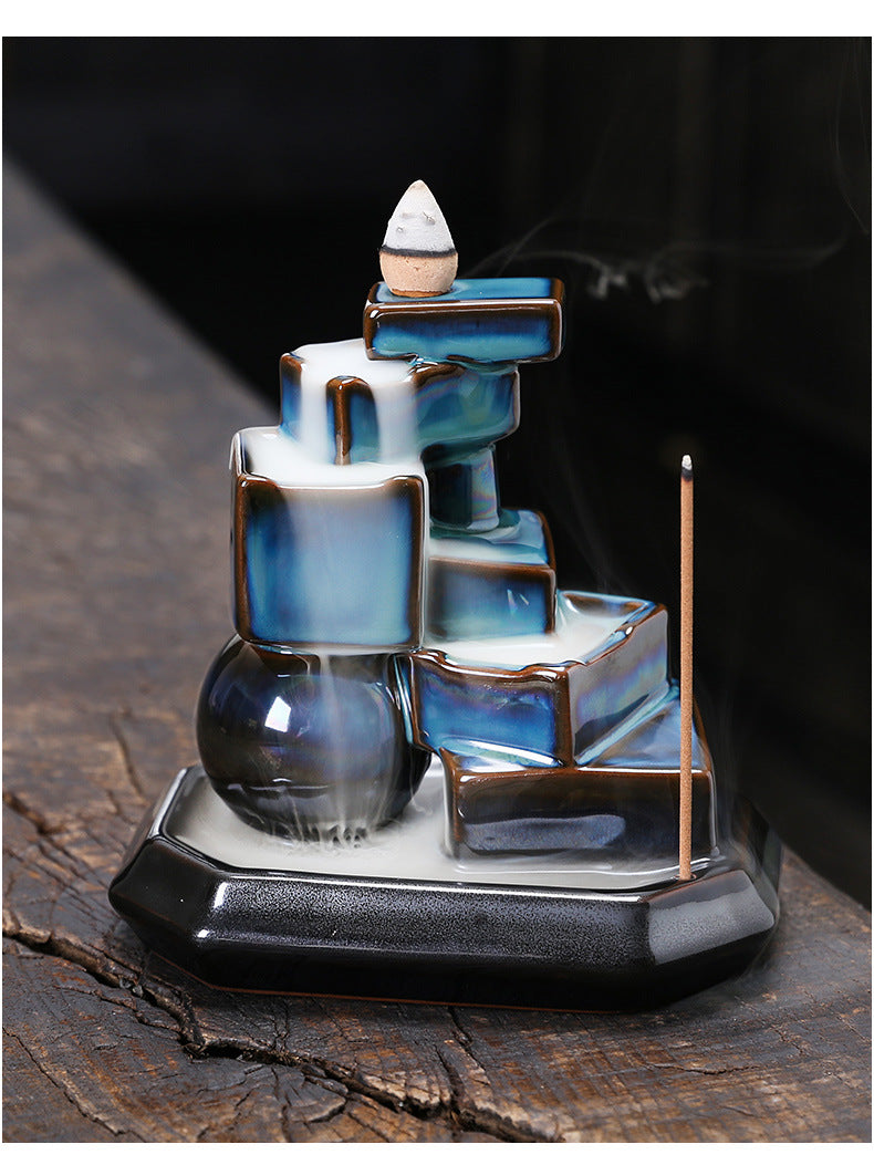 zensoullab Ceramic Mountain Water Backflow Incense Burner Ornament Creative Round Ball Square Blue Backflow Aromatherapy Burner Home Decor