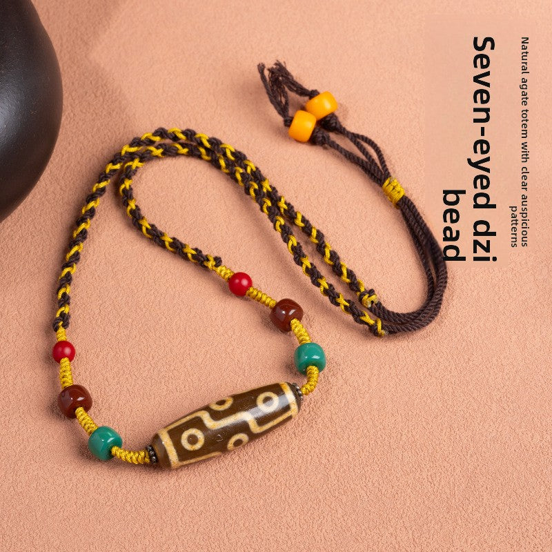 zensoullab Natural Yellow Nine-Eye Dzi Bead Necklace Taiwan Work Agate Pendant Unisex Couple Style Braided Necklace