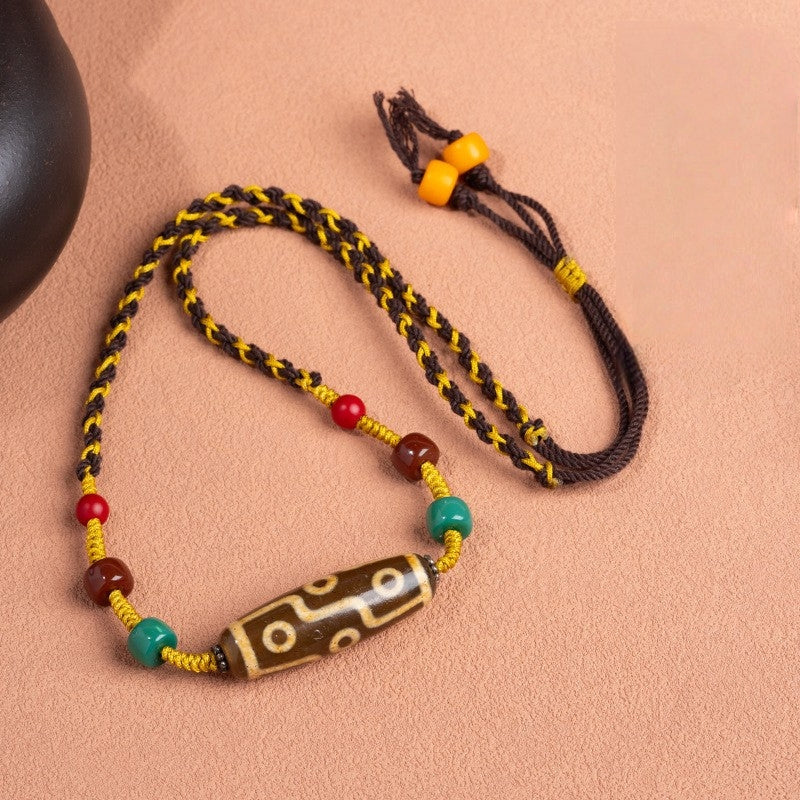 zensoullab Natural Yellow Nine-Eye Dzi Bead Necklace Taiwan Work Agate Pendant Unisex Couple Style Braided Necklace