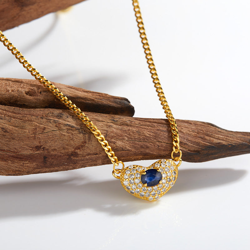 zensoullab High-End Heart-Shaped Gemstone Necklace for Women S925 Sterling Silver Natural Garnet Sapphire Heart Pendant Niche Non-Fading