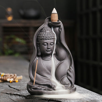 zensoullab Purple Clay Sandalwood Backflow Incense Burner Creative Bodhi Leaf Tathagata Buddha Smoke Backflow Incense Burner Craft Ornament