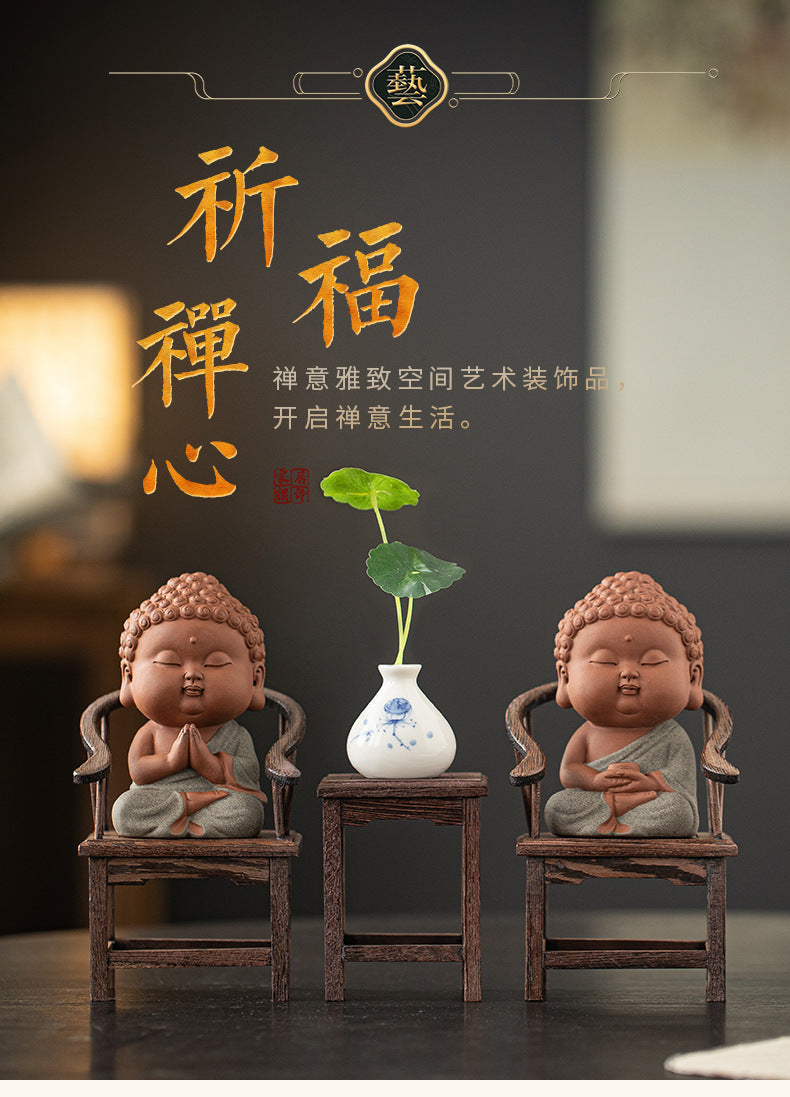 zensoullab Zen Purple Clay Small Buddha Figurine Cute Buddha Statue Chinese Style Home Tea Room Curio Shelf Tea Table Decoration