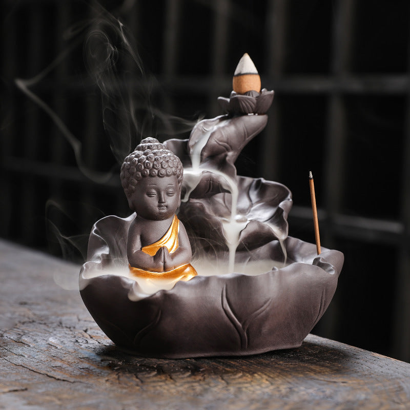 zensoullab Purple Clay Ceramic Backflow Incense Burner Crafts Creative Lotus Leaf Buddha Statue Small Novice Incense Burner Ornament