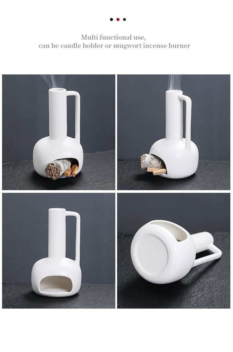 Peruvian Holy Wood Sage Burning Tray Handle Ceramic Bottle Holder Incense Burner