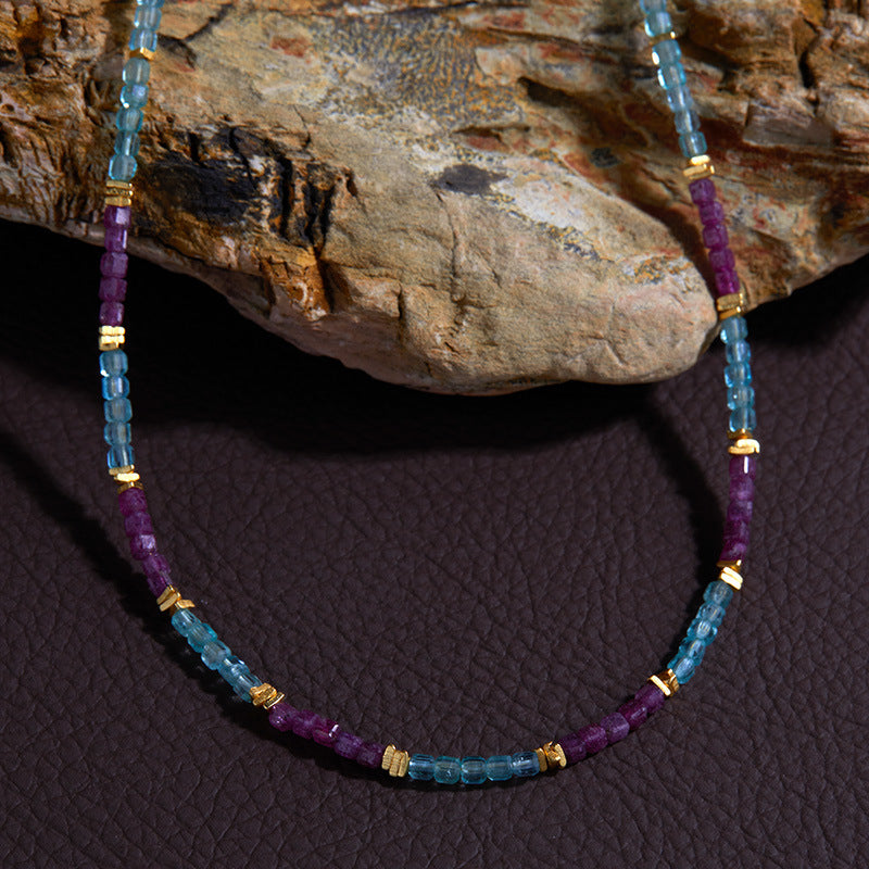 zensoullab Trendy Design Development S925 Sterling Silver Natural Ruby and Apatite Colorful Gemstone Necklace for Women Colorful Beaded