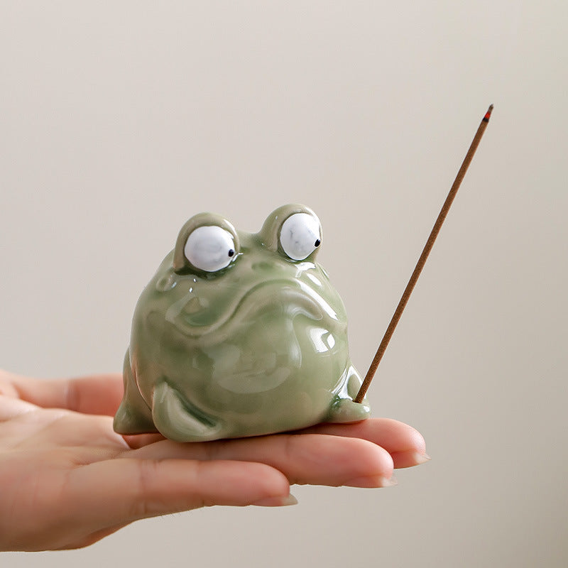 Zensoullab Creative Ceramic Aromatherapy Stove Decoration Desktop Cure Tea Ornaments Home Indoor Small Incense Burner Animal Frog Incense Stick and Base