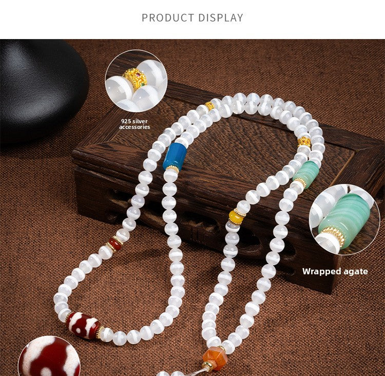 zensoullab Natural Medicine One-Eye Dzi Bead Necklace White Agate Multi-Circle Pendant Unisex Braided Necklace In Stock
