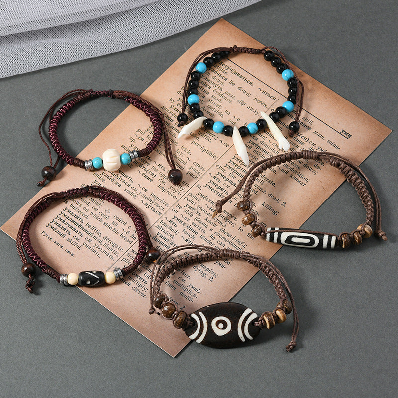 zensoullab Vintage Tibetan Style Ox Bone Dog Tooth Bracelet Carved Dzi Bead Yak Bone Ethnic Style Personality Unisex Bracelet Tourist Spot Jewelry