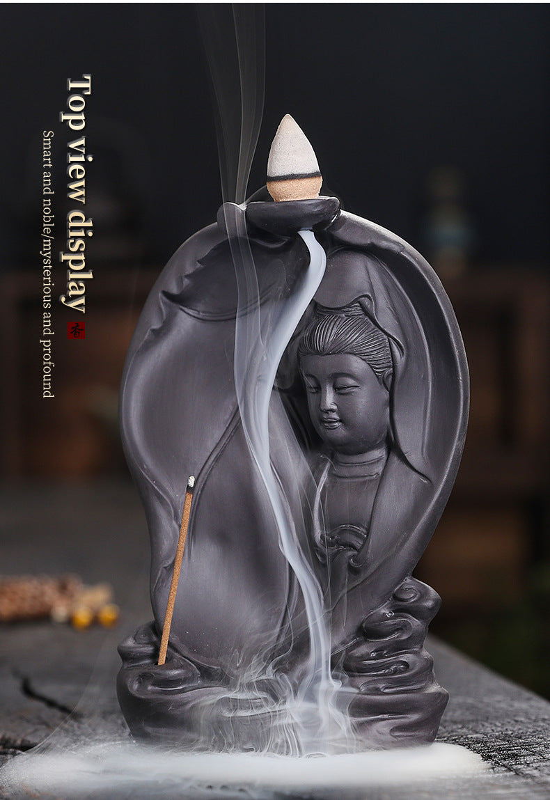 zensoullab Purple Clay Backflow Incense Burner Creative Bodhi Leaf Tathagata Guanyin Buddha Statue Backflow Incense Aromatherapy Burner Home Decor
