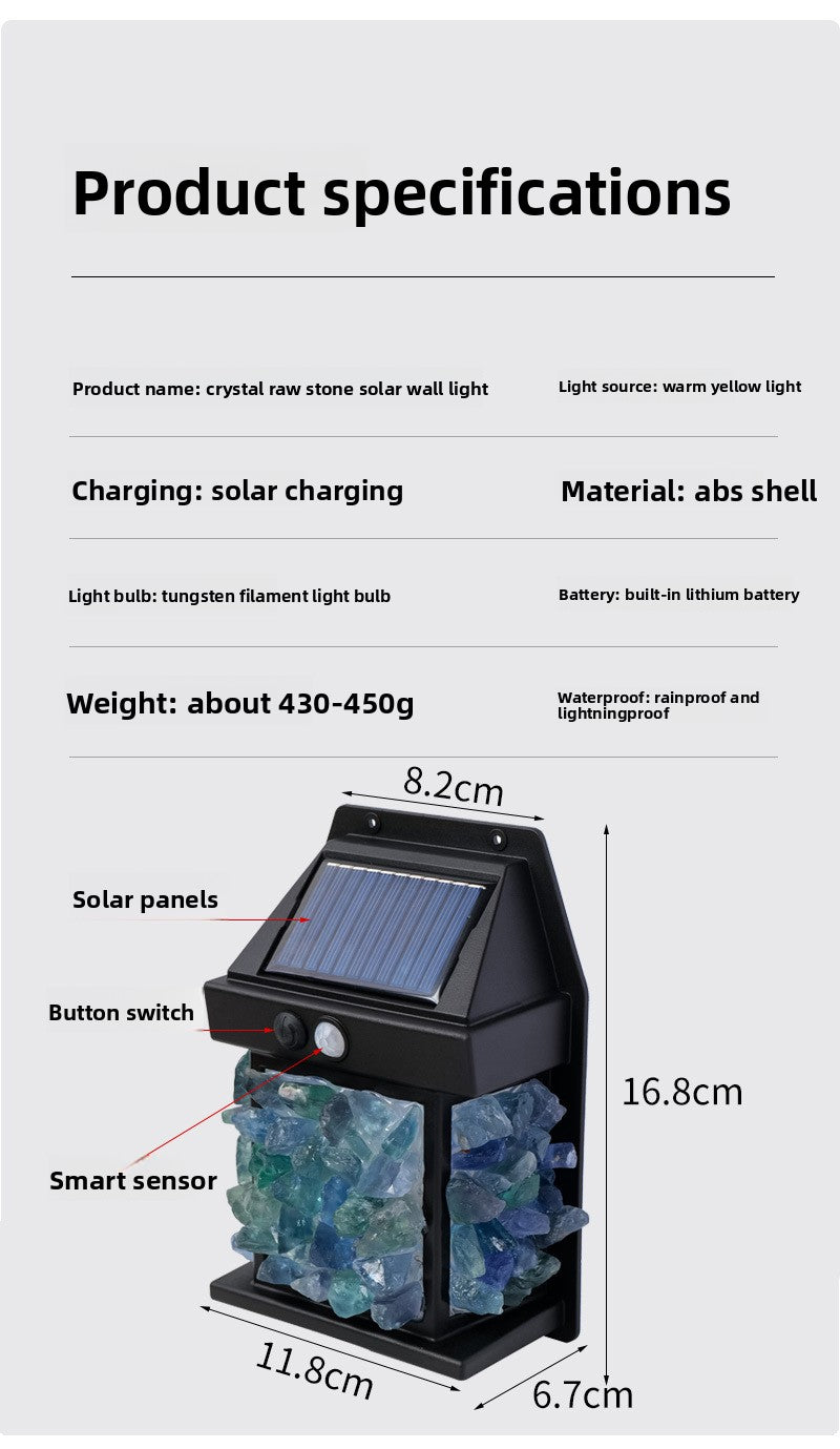 zensoullab Natural Crystal Raw Stone Solar Wall Light Outdoor Courtyard Waterproof Sensor Lighting Household Night Light