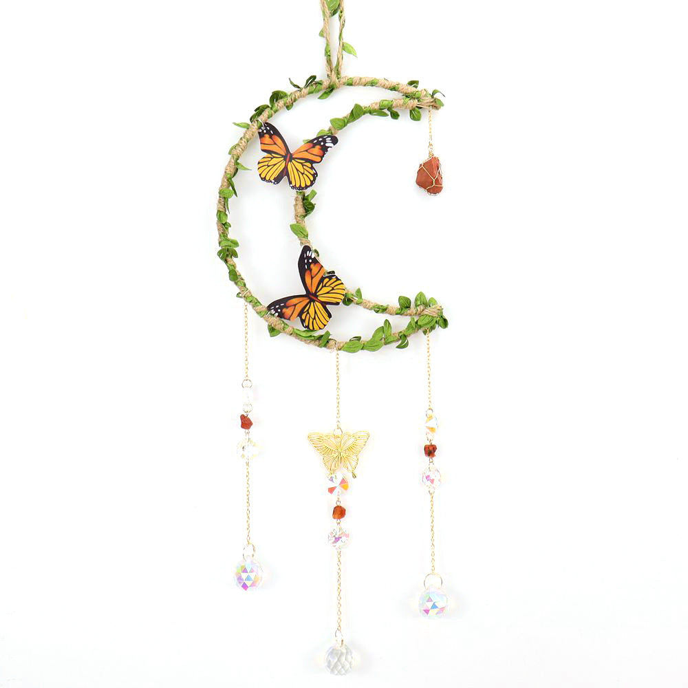 zensoullab Sun Catcher Hemp Rope Wrapped Leaf Butterfly Large 16cm Moon Gravel Crystal Ball Decoration Pendant