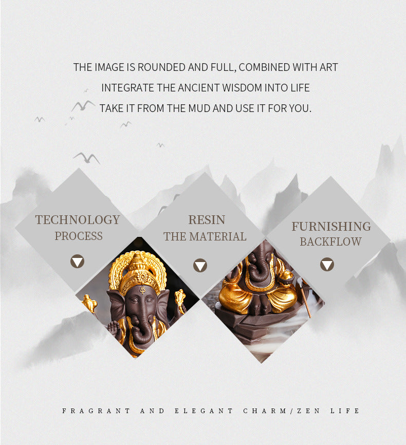 zensoullab Purple Clay Sandalwood Incense Burner Home Decor Creative Gold-Plated Ganesha Mountain Water Backflow Incense Burner Craft