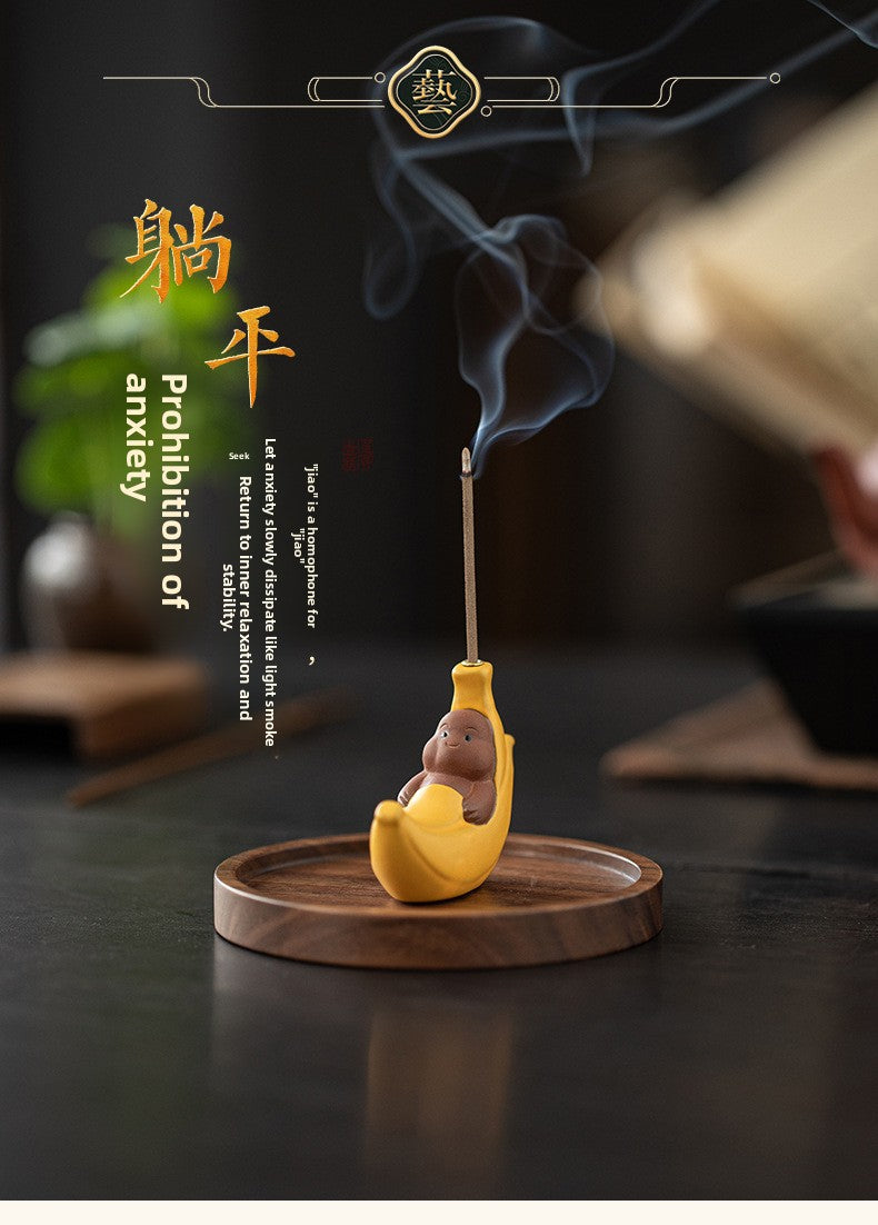 zensoullab Ceramic Banana Incense Burner for Home Use, Indoor Incense Holder, Zen Tea Ceremony Aromatherapy Burner