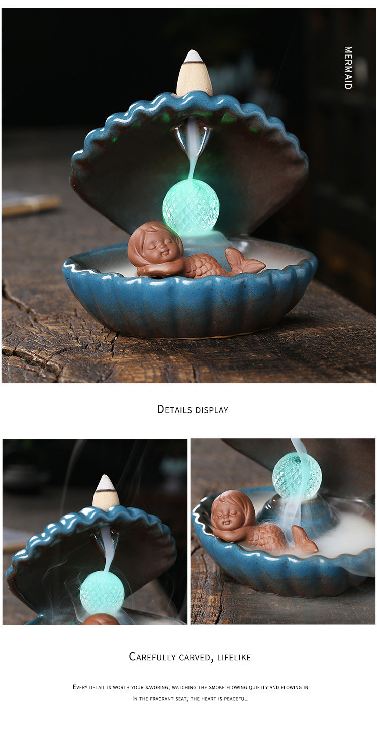 zensoullab Original Ceramic Crafts Home Decoration Creative European Style Shell Mermaid LED Light Backflow Aromatherapy Burner