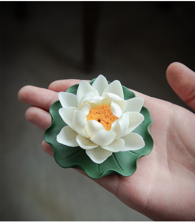 zensoullab Creative Ceramic Lotus Incense Holder Ornament Tea Pet Handmade Artificial Flower Home Small Incense Burner Incense Burner Agarwood Holder