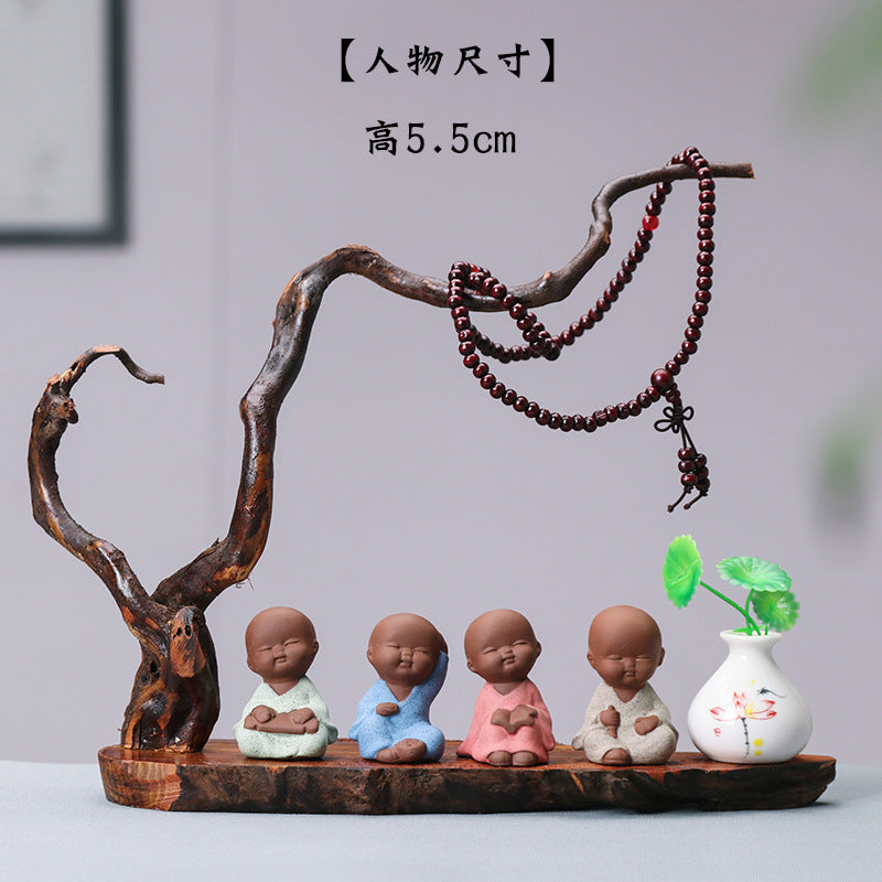 zensoullab Zen New Chinese Style Root Carving Set Ornament Purple Clay Little Monk Living Room TV Cabinet Tea Table Entrance Creative Decoration