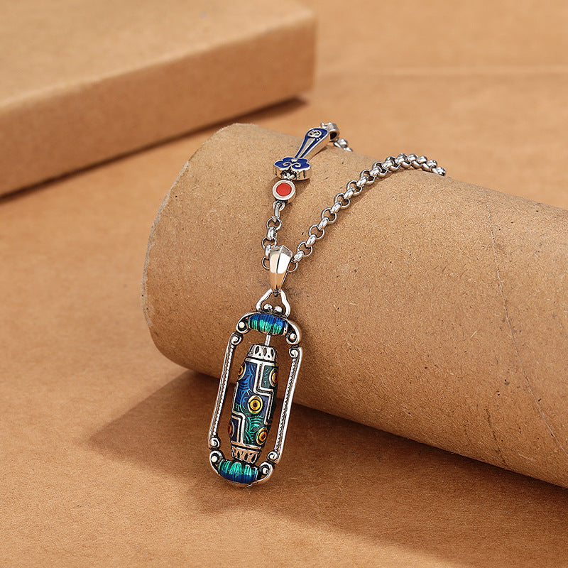 zensoullab Vintage Ethnic Landscape Thai Blue Enamel Nine-Eyed Dzi Bead Lotus Prayer Wheel Necklace for Women Exquisite Versatile Creative Jewelry