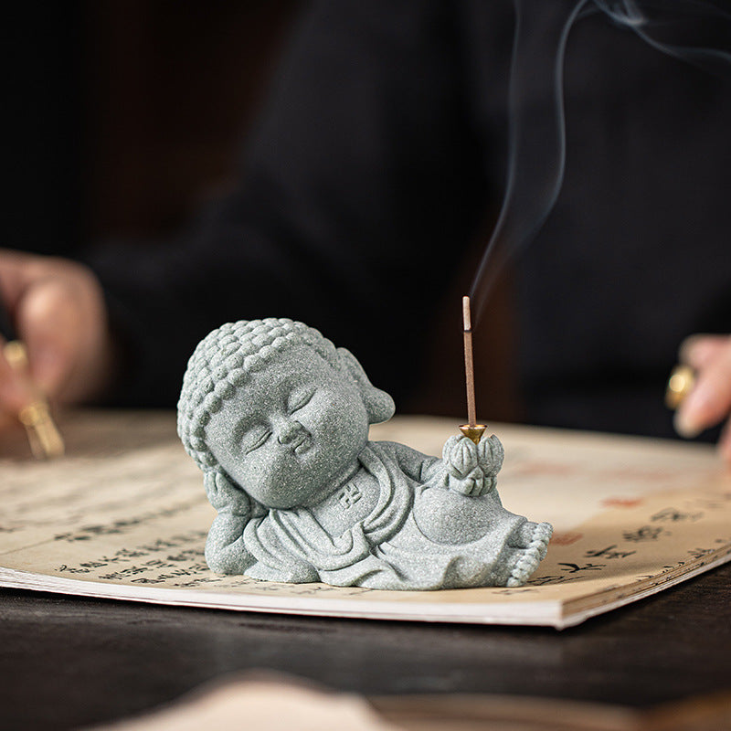 Zensoullab Green Sand Creative Cute Line Incense Burner Tea Ornaments Creative Sleeping Buddha Lotus Incense Stick Green Sand Stone Decoration Home Desktop Decoration