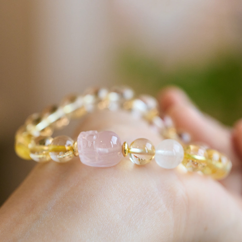 zensoullab Natural Yellow Crystal Pixiu Bracelet for Women, Wealth-Boosting Pink Crystal Bracelet