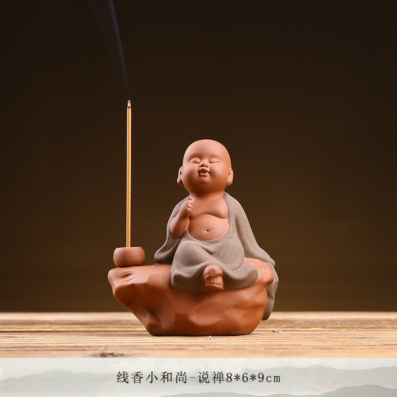 zensoullab Zen Purple Clay Little Monk Incense Holder Ornament for Car, Home, Indoor Living Room, Tea Tabletop, Incense Ceremony, Incense Seat, Incense Burner