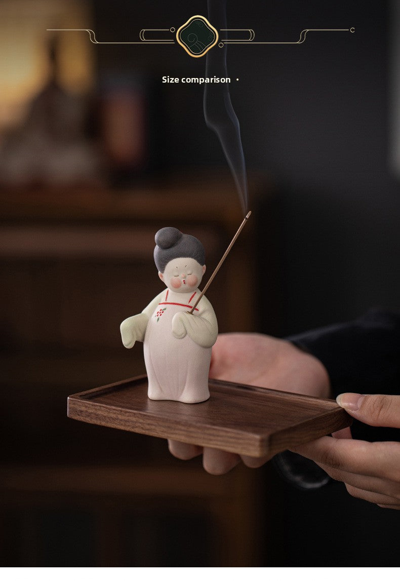 zensoullab Ancient Style Tang Dynasty Female Figure Ceramic Incense Burner Zen Incense Holder Incense Stand Chinese Tea Table Incense Ceremony Incense Burner Incense Burner Ornament