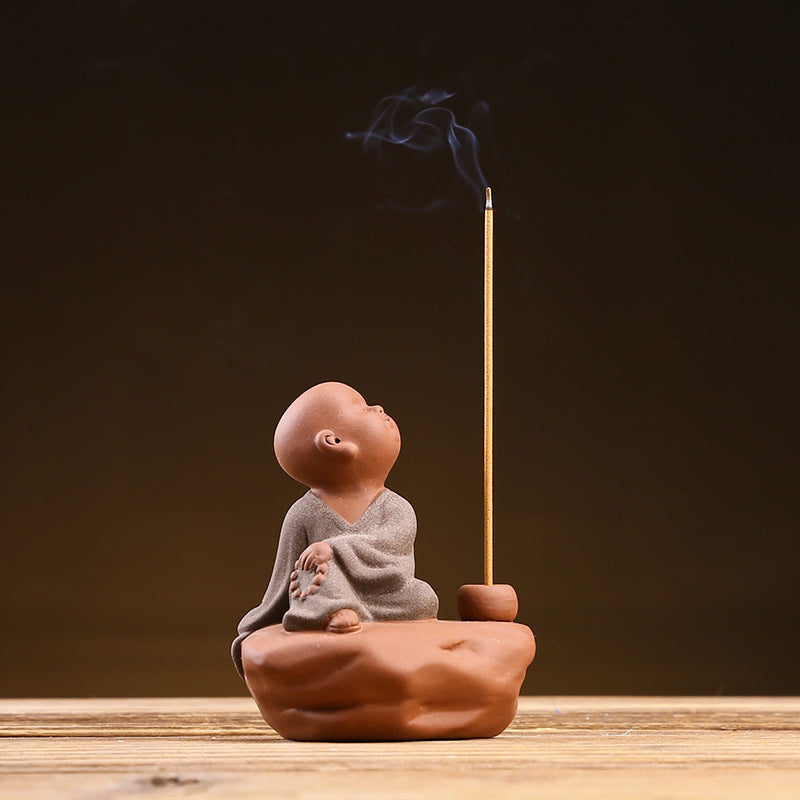 zensoullab Zen Purple Clay Little Monk Incense Holder Ornament for Car, Home, Indoor Living Room, Tea Tabletop, Incense Ceremony, Incense Seat, Incense Burner