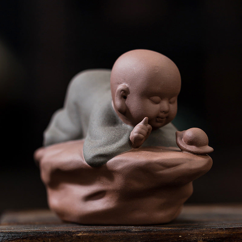 zensoullab Creative Purple Clay Little Monk Tea Pet Tea Tray Tea Set Accessories Zen Little Novice Tea Room Bonsai Decoration Ornament
