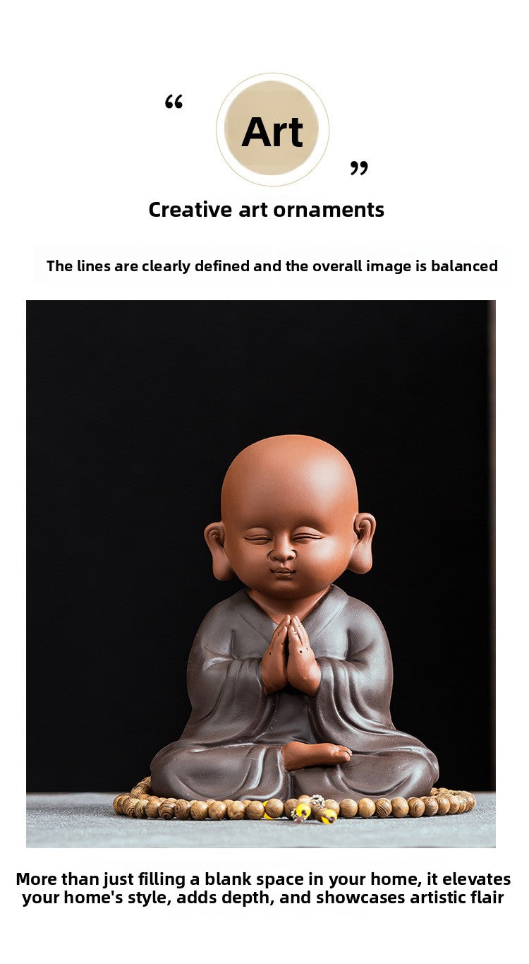 zensoullab Premium Large Ceramic Little Monk Figurine Purple Clay Figure Chinese Style Living Room Entrance Tea Room Zen Little Novice Decoration