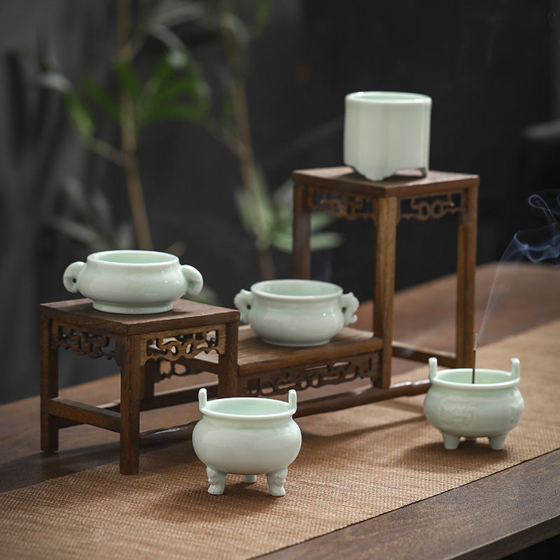 zensoullab Chinese Style Mini Ceramic Incense Burner Tea Room Home Worship Three-legged Incense Burner Portable Incense Holder Incense Ceremony Zen Small Ornament