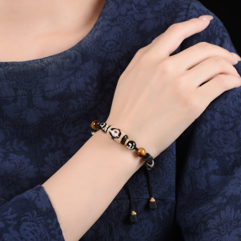 zensoullab Vintage Tibetan Style Patina Tiger Tooth Dzi Bead Agate Bracelet for Men and Women Multi-Gemstone Ethnic Style Hand String