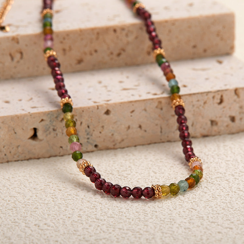zensoullab S925 Sterling Silver Natural Tourmaline Garnet Gemstone Necklace for Women French Niche Style Handmade Beaded Collarbone Chain