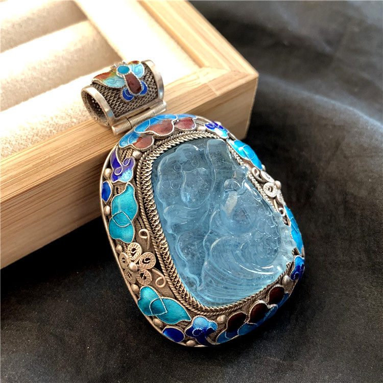 zensoullab Prosperous Year After Year Filigree Inlaid High-end Aquamarine Pendant for Women Handmade Vintage Court Style Retro Trend