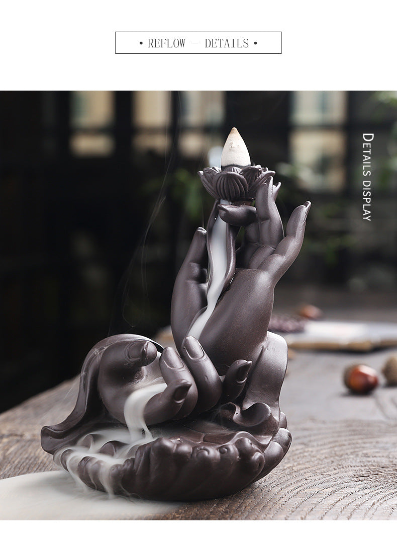 Purple Clay Backflow Incense Burner Indoor Home Incense Burner Creative Large Buddha Hand Backflow Aromatherapy Burner Gift Ornament